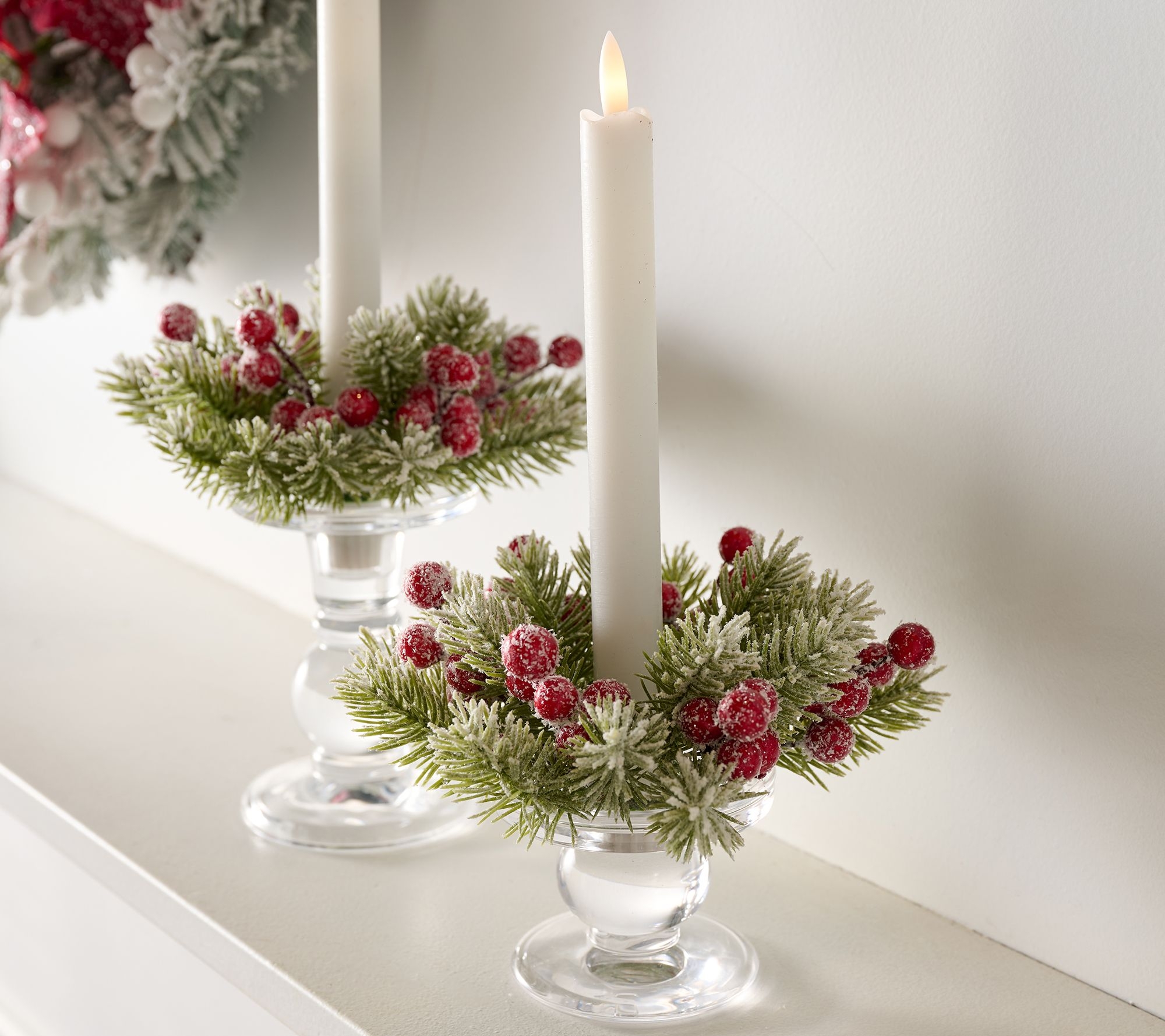 Candle Ring Crimson Berries Frosted Finish Snowy Evergreen Rings