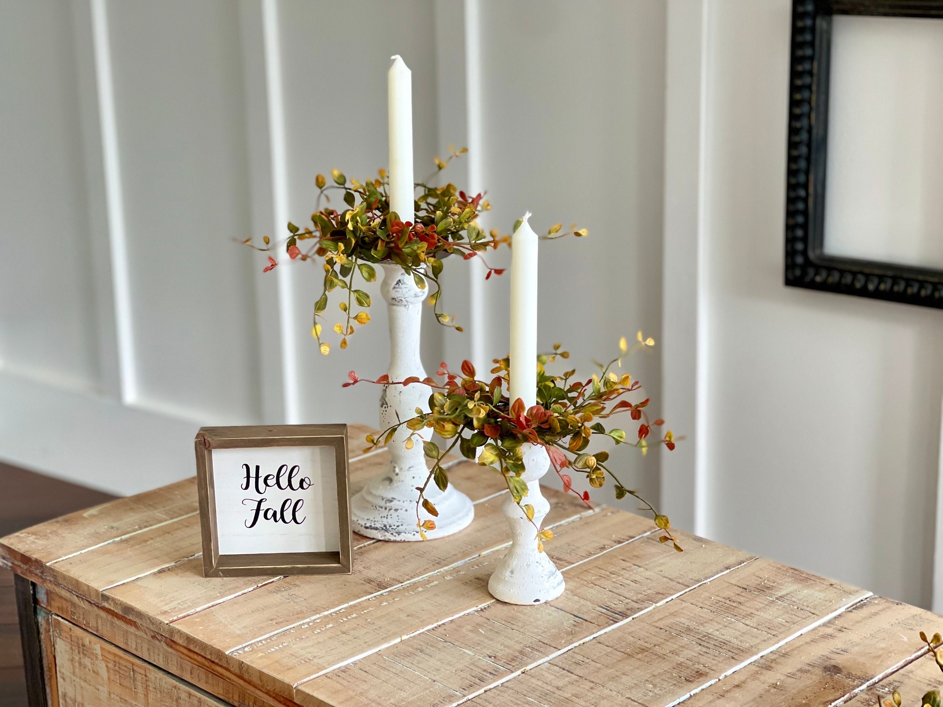 Candle Rings Burgundy Olive Foliage Distressed Rustic Mantel Decor
