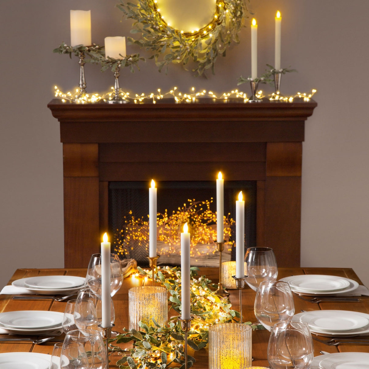 Candle Rings Gold Taper Holders Frosted Mistletoe Holiday Mantel Ideas