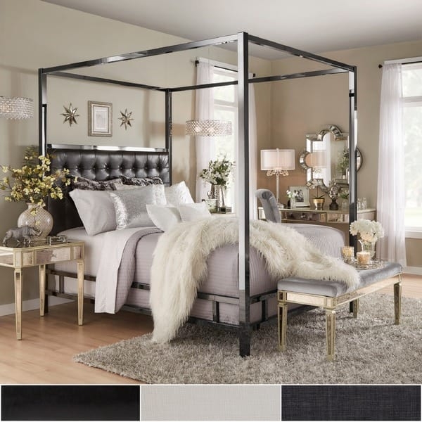 Canopy Bed Black Nickel Frame Button Tufted Glam