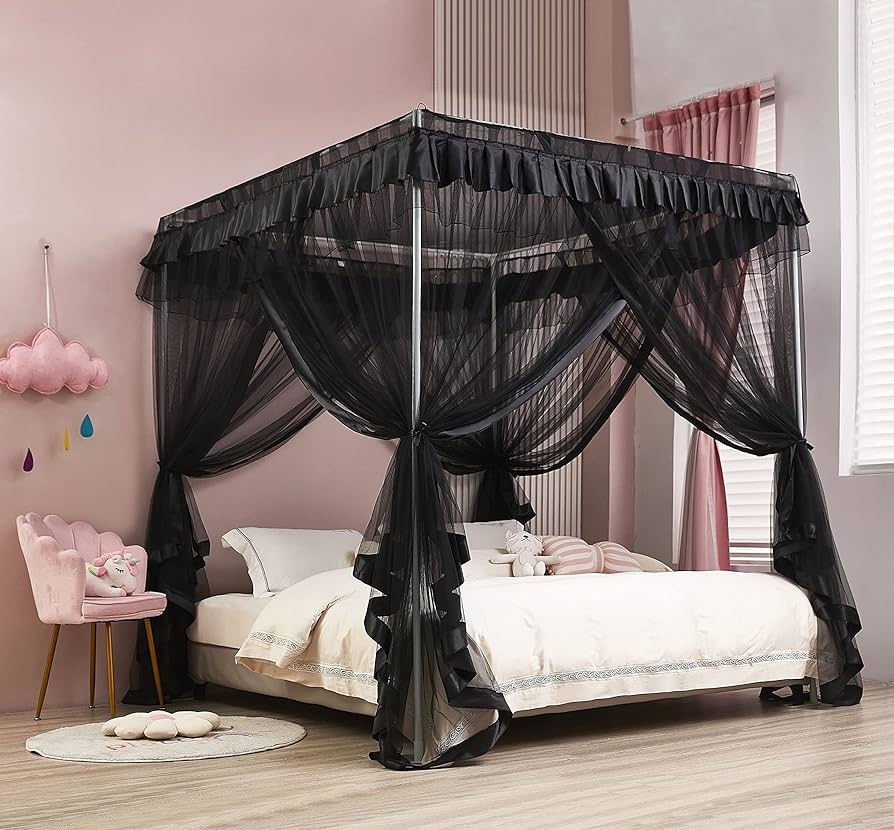Canopy Bed Curtains with Black Mesh for Corner Post Drapes