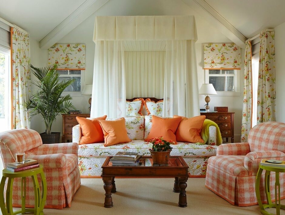 Canopy Bed including Orange Gingham for Coastal Interior