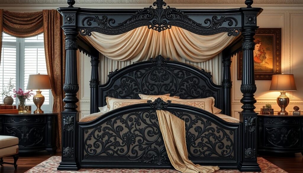 Canopy Bed Ornate Scrollwork Matte Black Carved