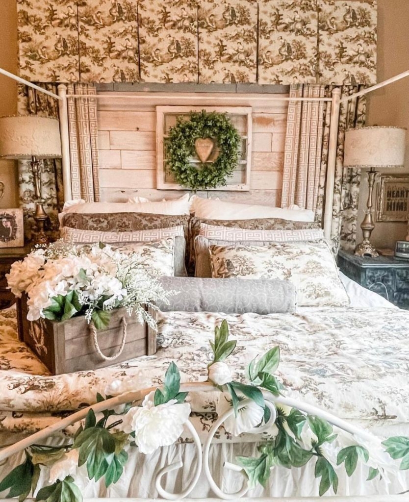 Canopy Bed Toile Pattern Boxwood Wreath Shiplap Decor