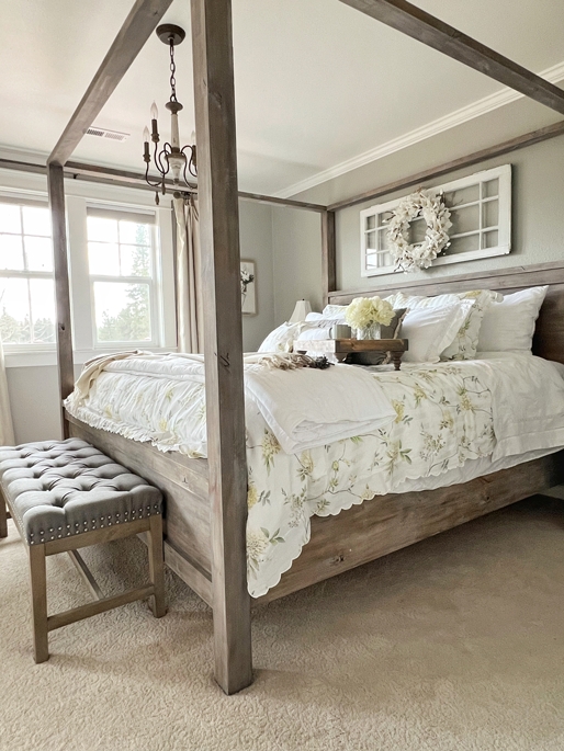 Canopy Bed Weathered Grey Finish Rustic Farmhouse