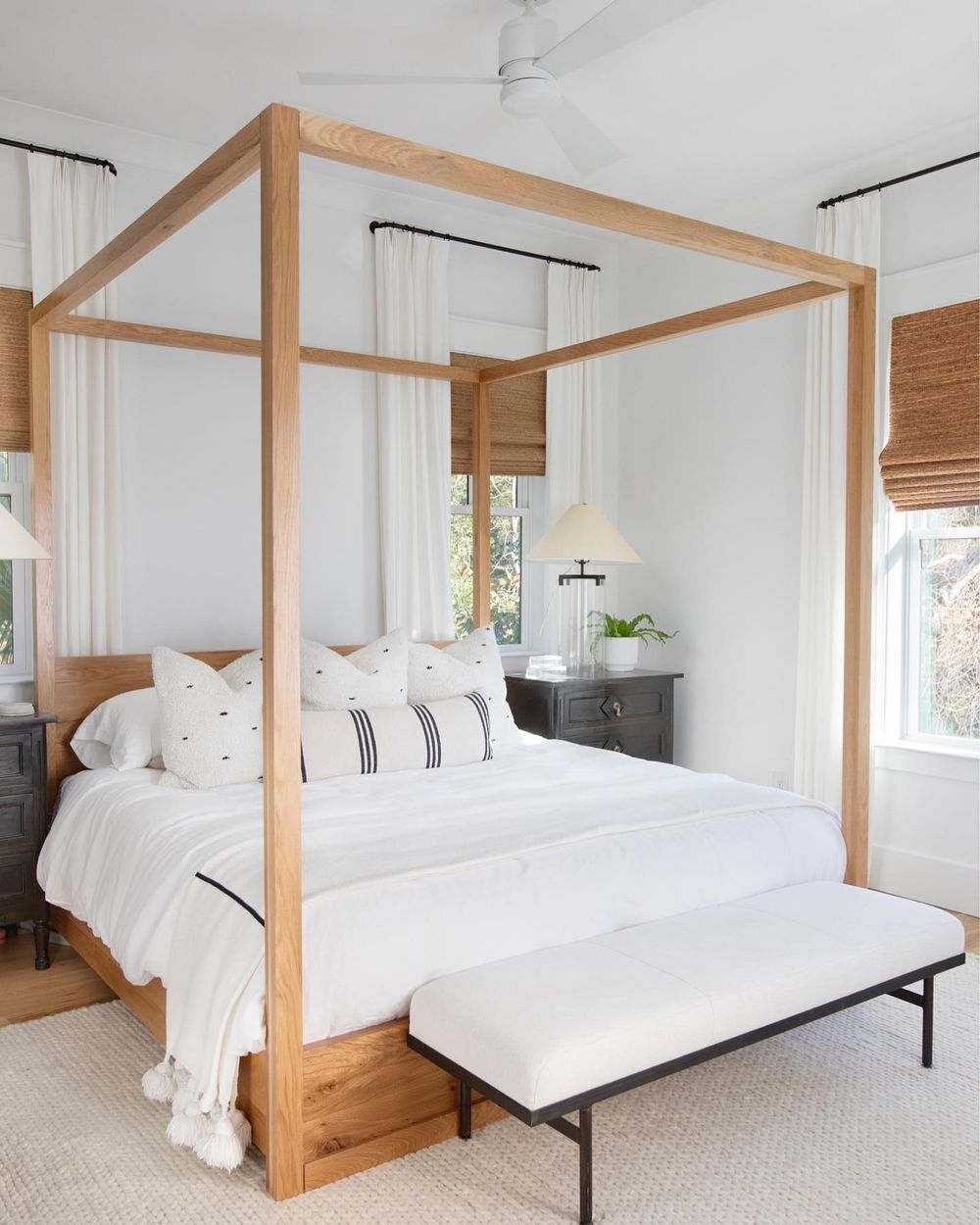 Canopy Bed with Four Poster Frame and Upholstered Bench