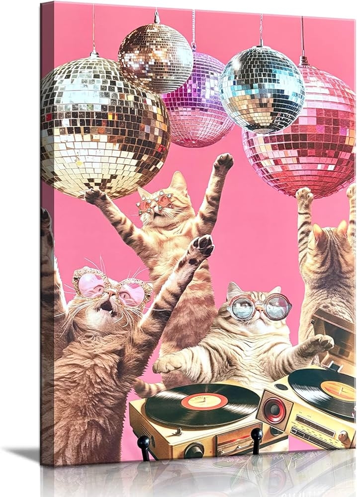 Canvas Wall Art: DJ Cats Retro Disco Ball Decor Print