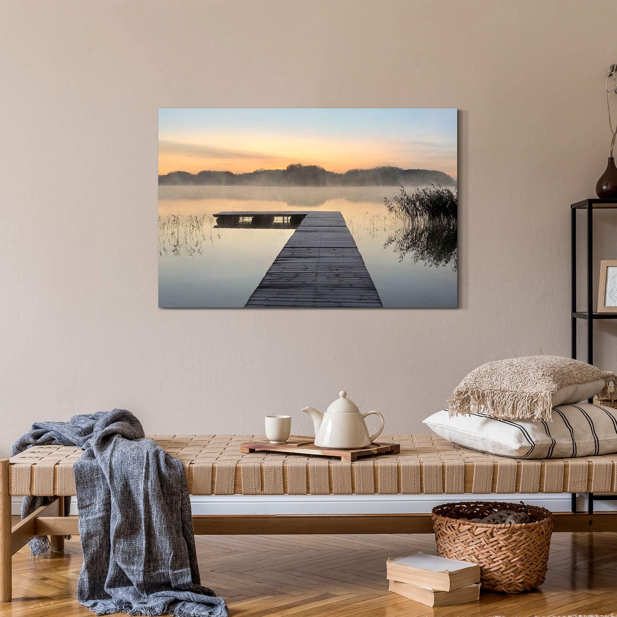 Canvas Wall Art Misty Sunrise Lake Pier Scene