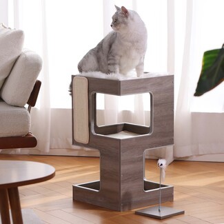 Cat Condo With Geometric Cutouts and Antique Grey Finish
