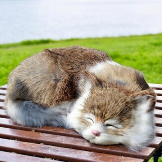 Cat Figurine: Faux Fur Sleeping Bicolor Kitten Statue