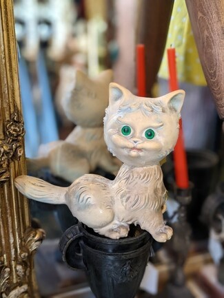Cat Figurine: Vintage Kitsch Feline with Green Eyes