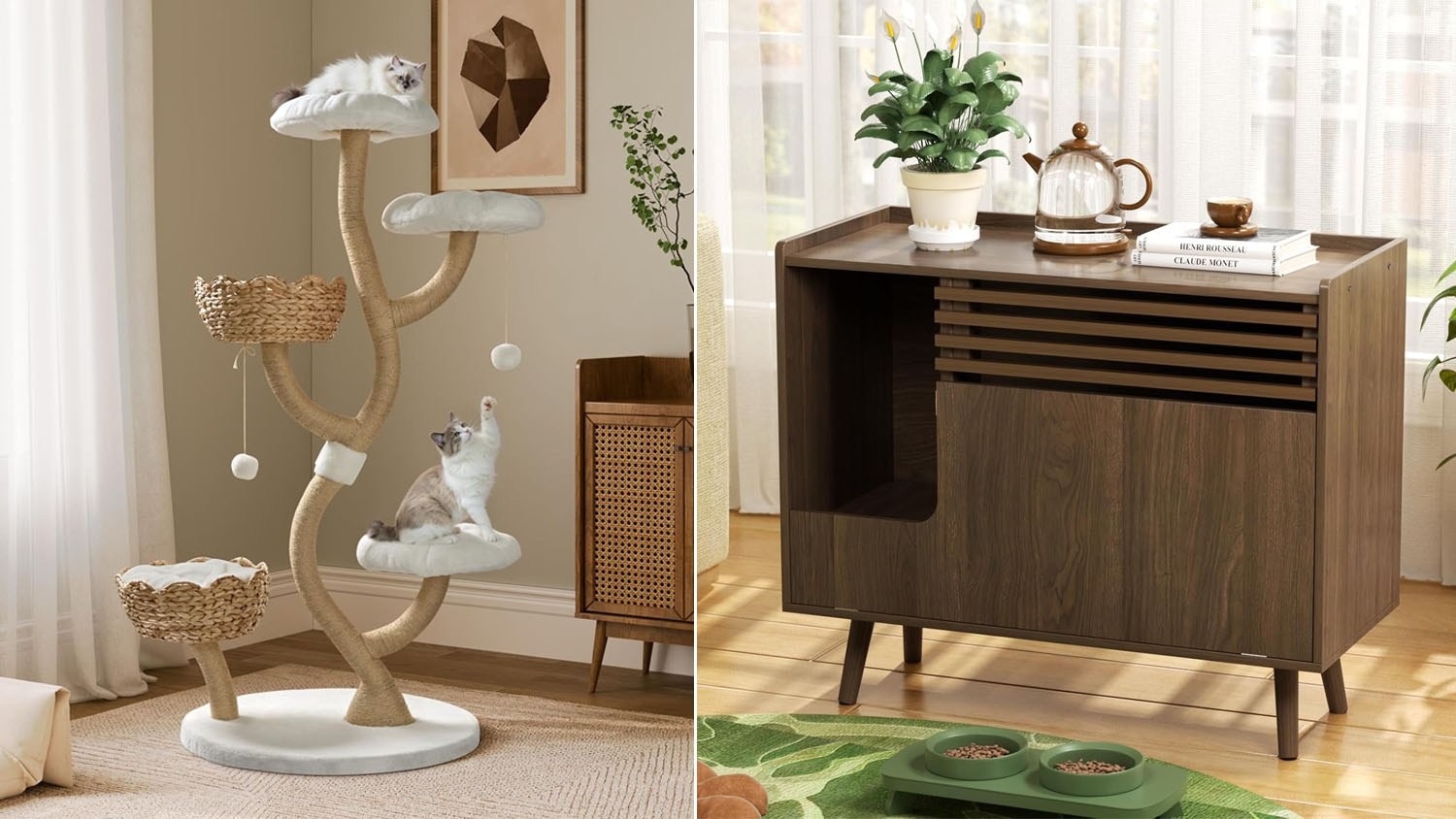 Cat Furniture Set With Sculptural Tree and Litter Cabinet