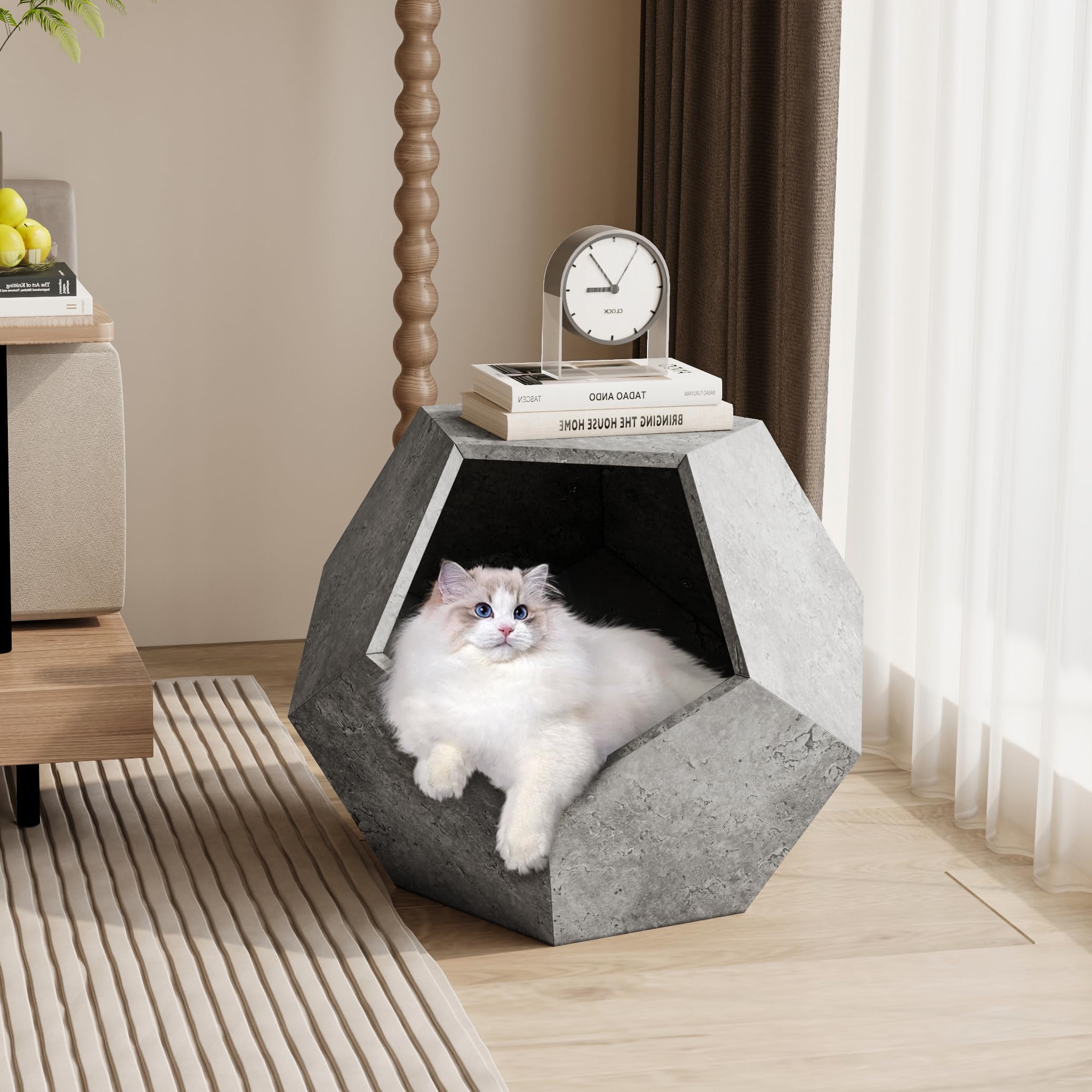 Cat House End Table Geometric Concrete Gray Enclosure