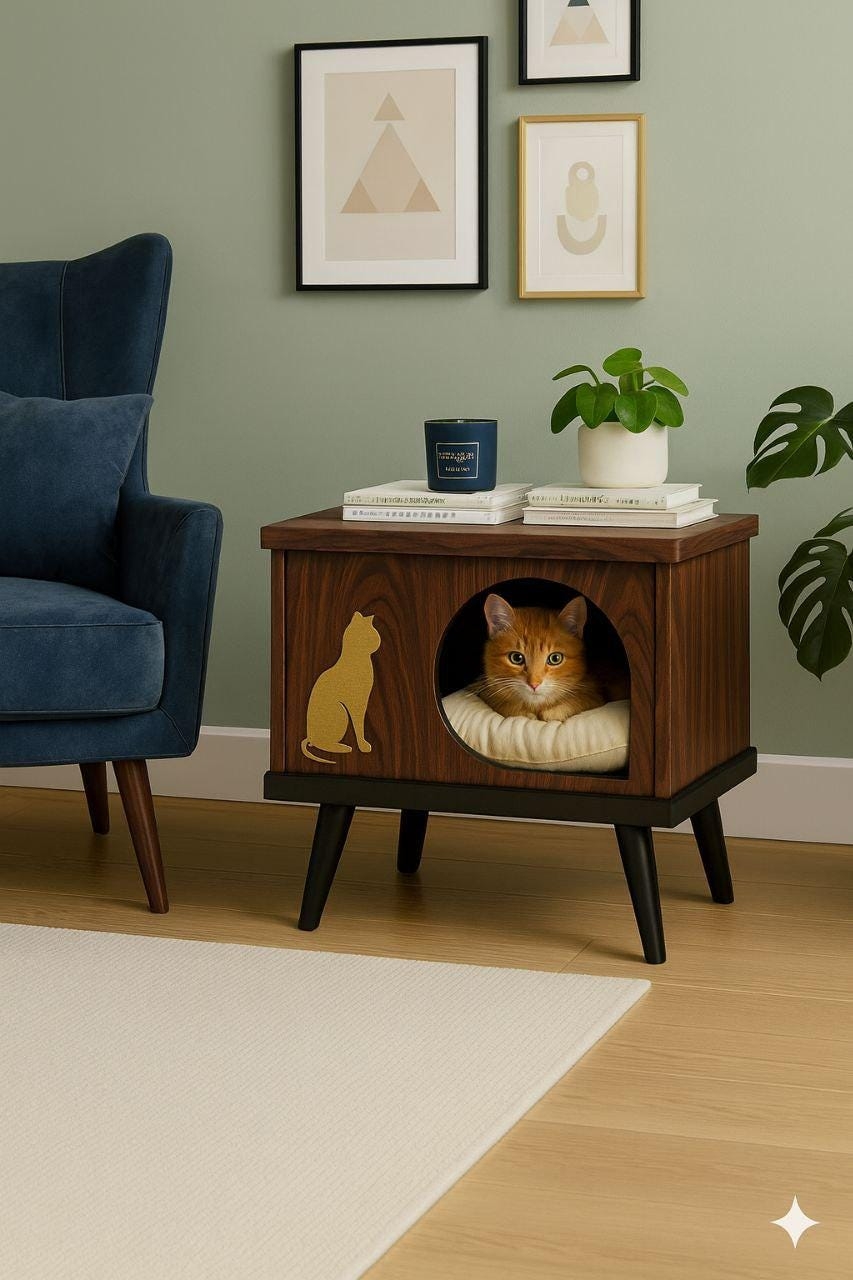 Cat House Side Table With Walnut Brown Finish and Legs