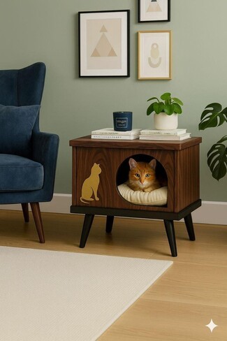 Cat House Side Table With Walnut Brown Finish and Legs