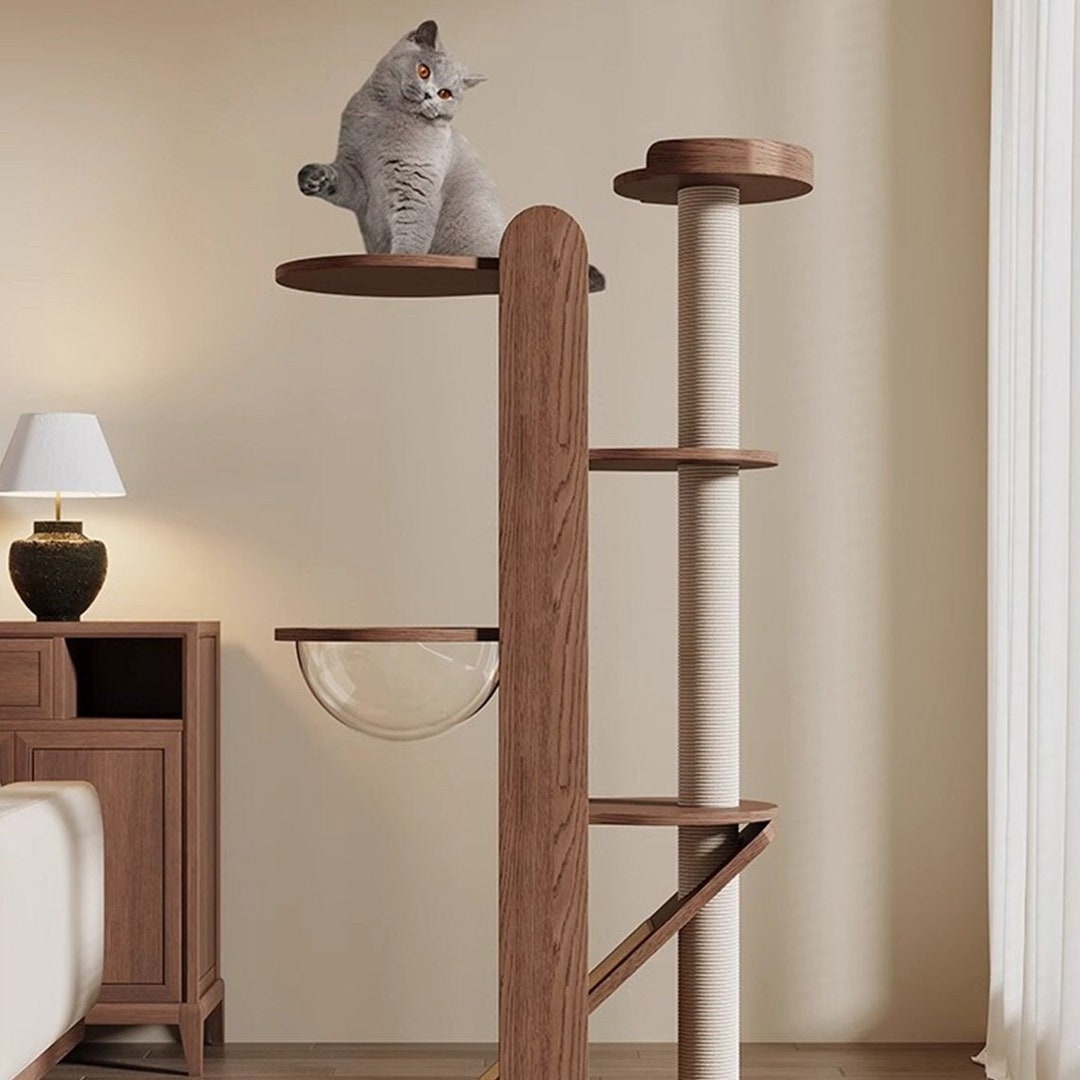 Cat Tower With Clear Acrylic Bowl and Walnut Finish
