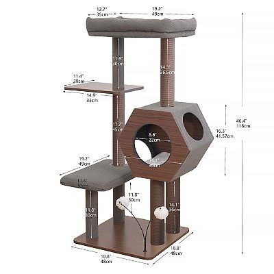 Cat Tower With Hexagon Condo and Wood Toned Panels