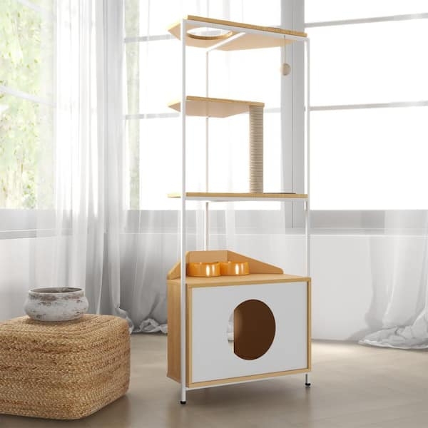 Cat Tower With Integrated Feeding Station and Metal