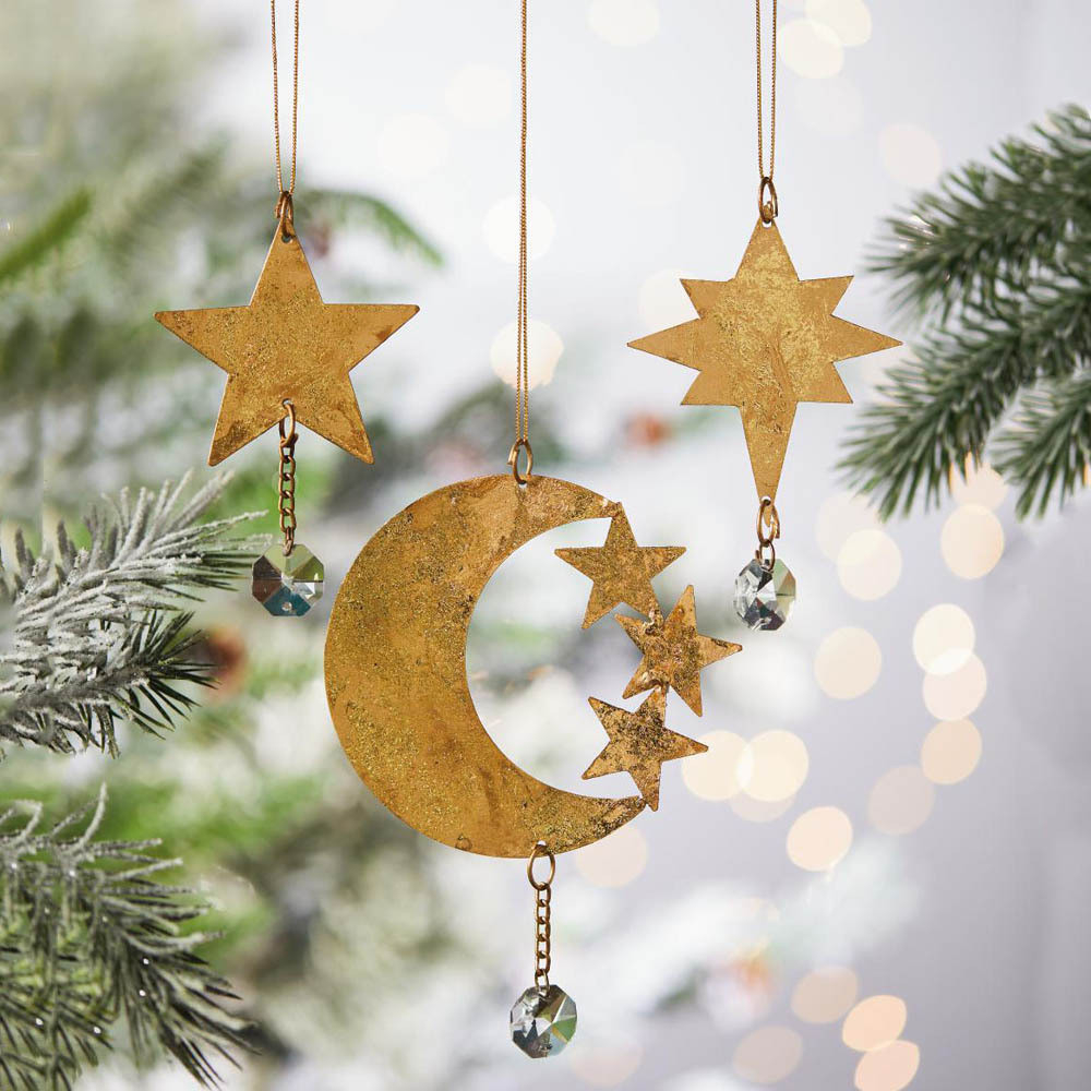 Celestial Ornament Moon and Star Trio Gold Celestial Decor
