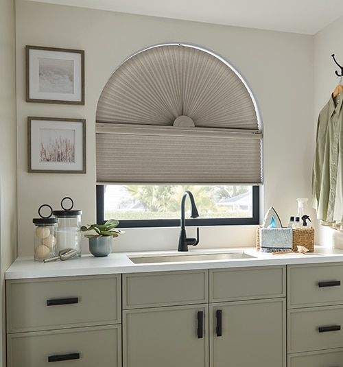 Cellular Shade Taupe Fan Shaped Arch Honeycomb Treatment