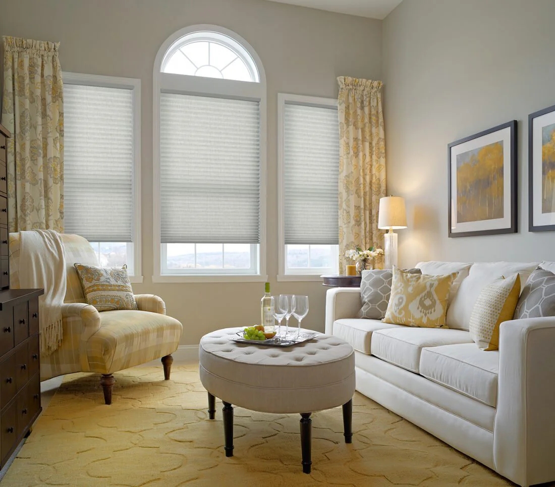 Cellular Shades Yellow Arched Window Covering Pleated