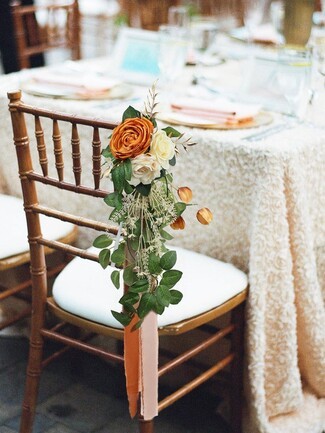 Chair Decor Burnt Orange Rose and Trailing Ribbons