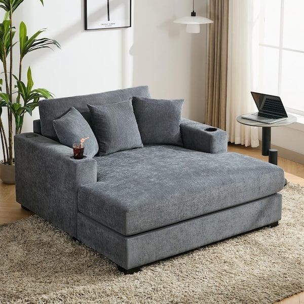 Chaise Lounge Blue Gray Chenille Texture Oversized Width Daybed