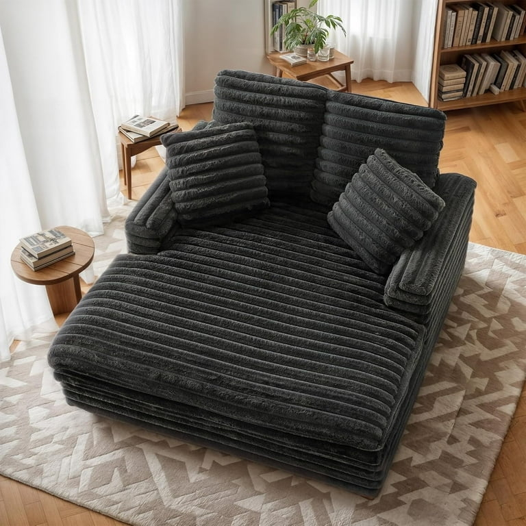 Chaise Lounge Charcoal Horizontal Channeling Plush Sleeper Chair