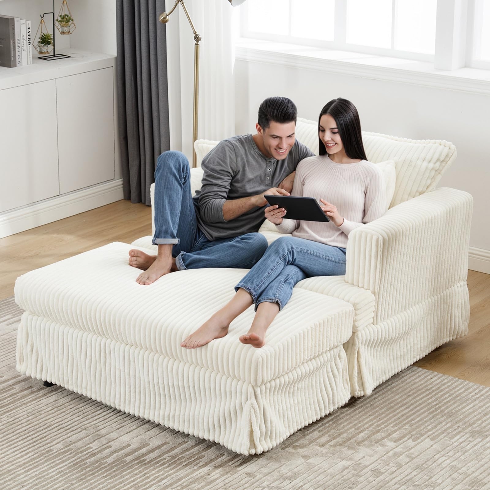 Chaise Lounge Cream Beige Modular Ottoman Design Vertical Ribbing