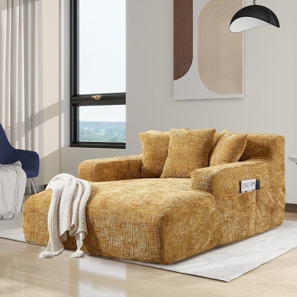 Chaise Lounge Mustard Chenille Upholstery Side Storage Pocket