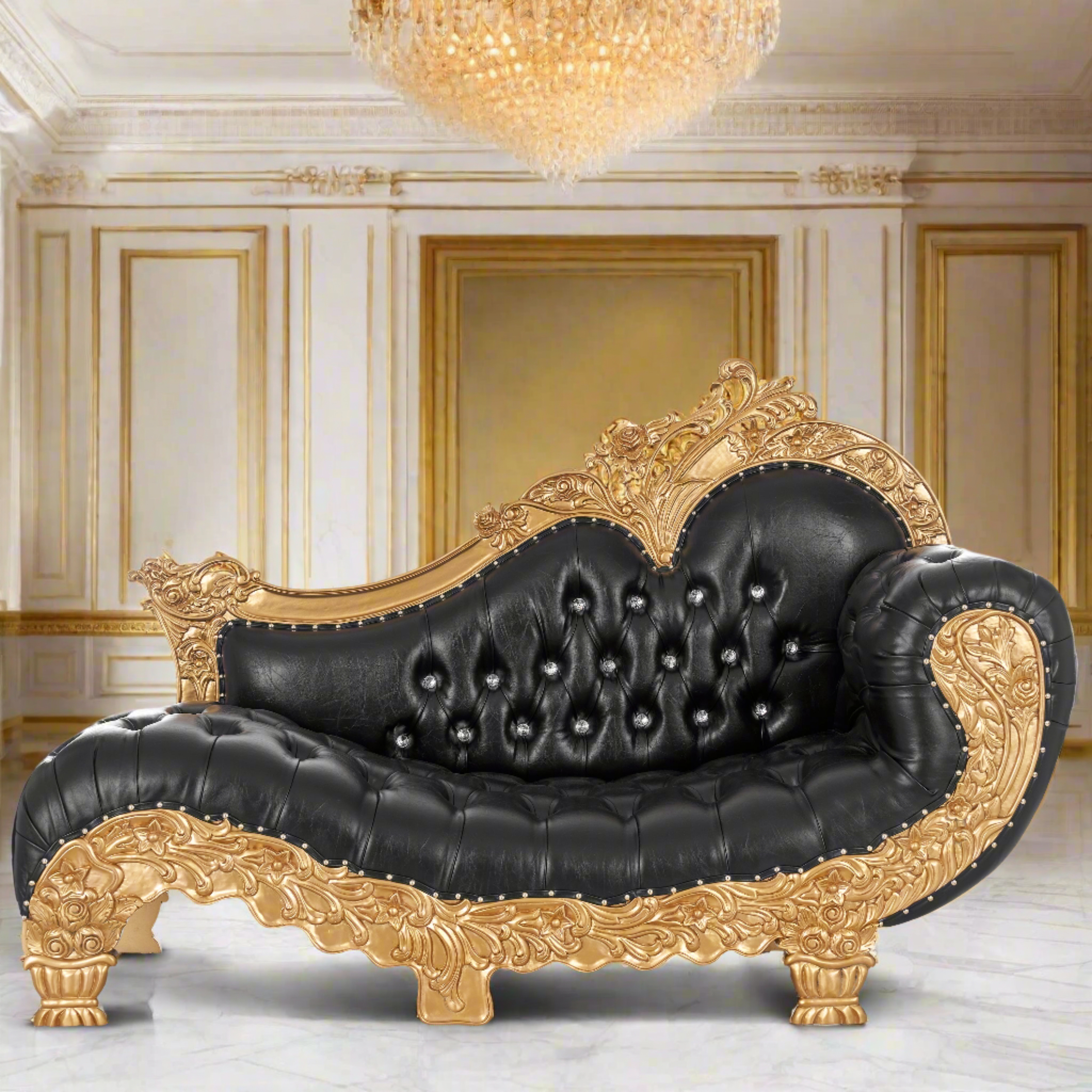 Chaise Lounge Onyx Black Crystal Tufted Embellished Seating