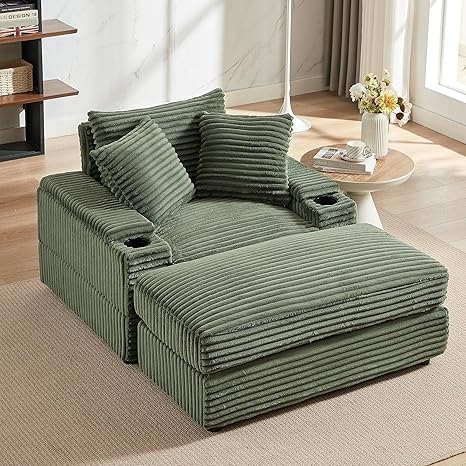 Chaise Lounge Sage Green Cup Holder Armrests Wide Seating
