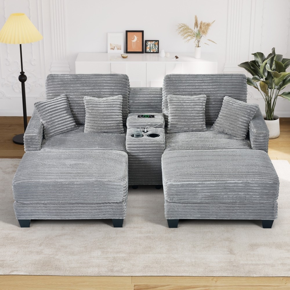 Chaise Lounge Sofa Medium Grey Tech Integrated Console USB Port