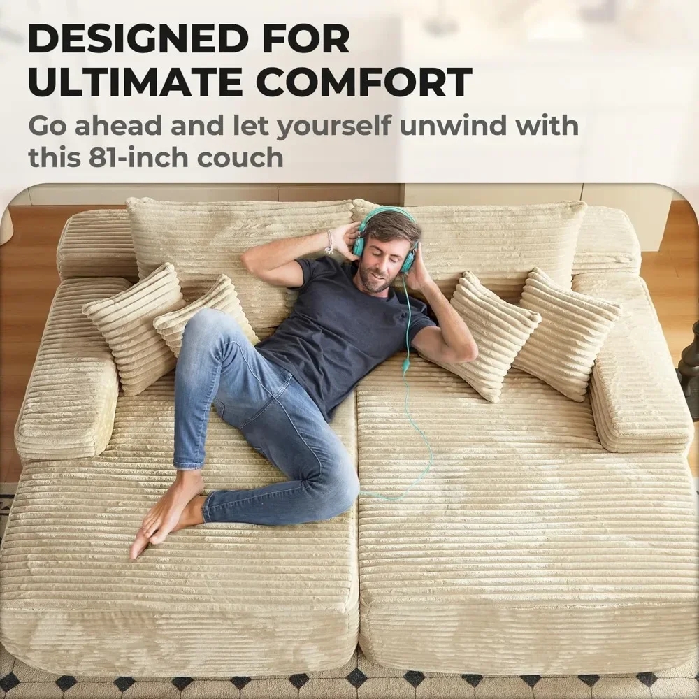 Chaise Lounge Warm Beige Extra Deep Seat Ribbed Pit Couch