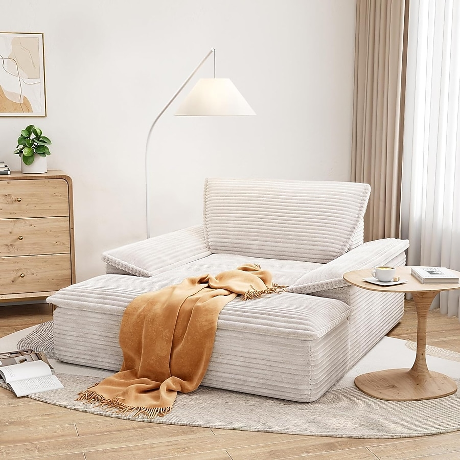 Chaise Lounge Warm Beige Wide Wale Corduroy Floor Hugging Bed