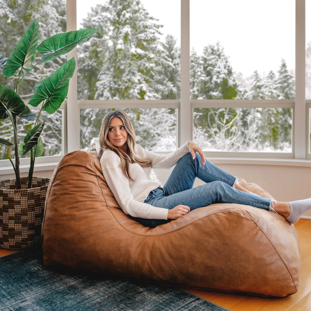 Chaise Lounger Cognac Brown Leather Like Beanbag Floor Seat