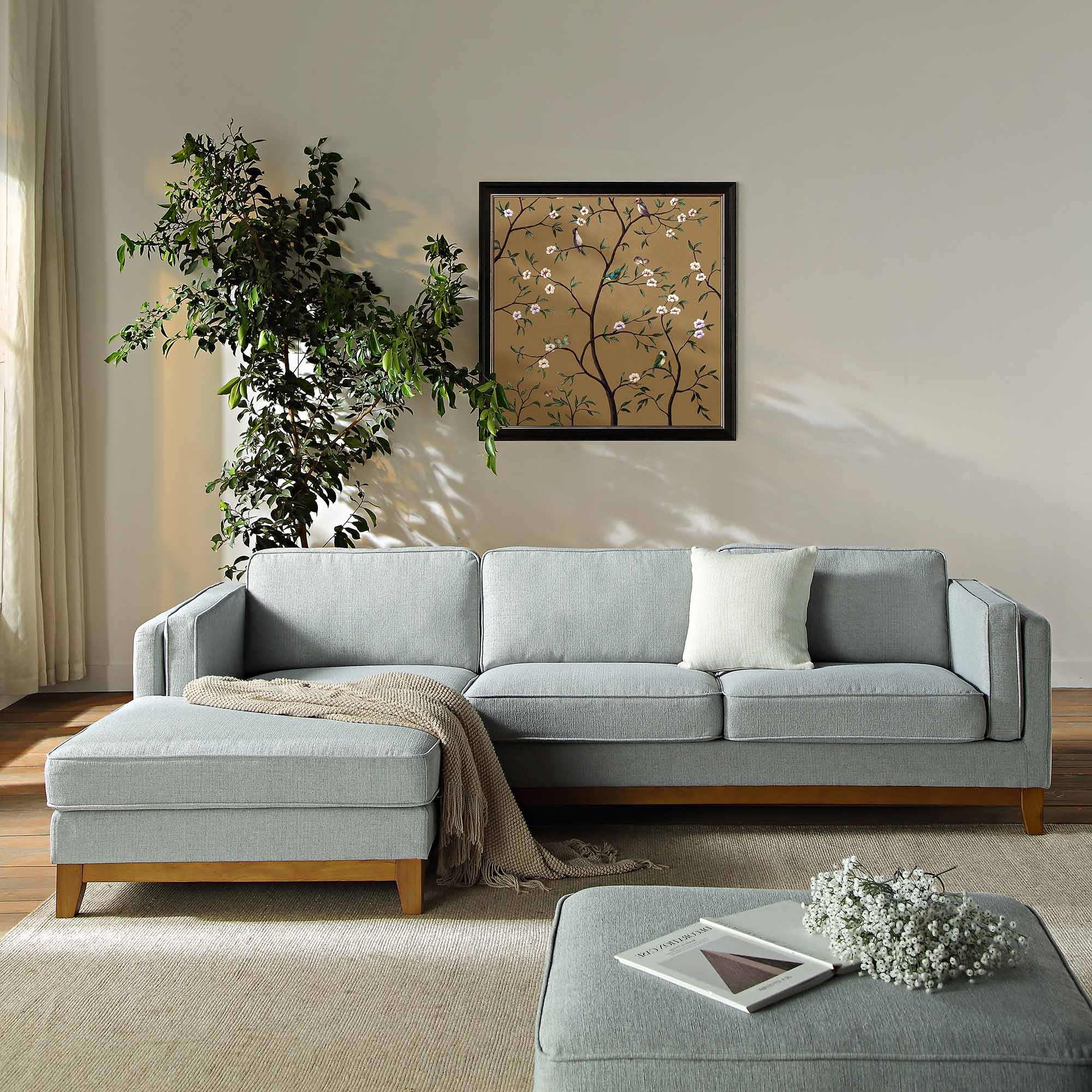 Chaise Sectional Sofa: Sage Woven Fabric and Wood Plinth
