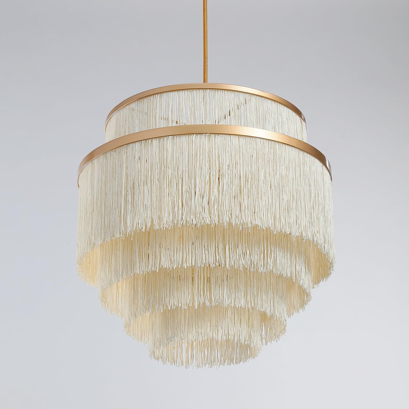 Chandelier 5-Tiered Fringe Brushed Metallic Bands Light Beige