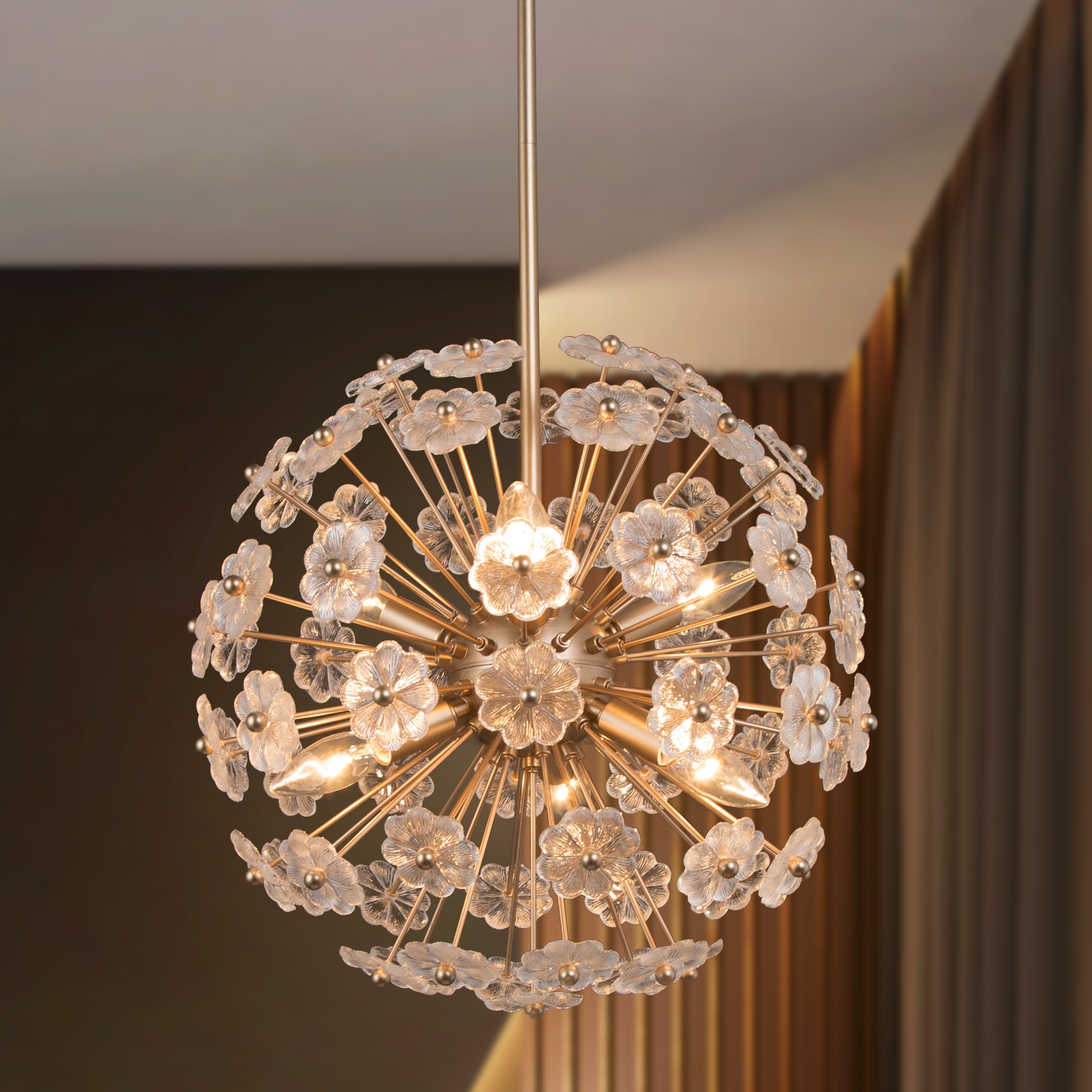 Chandelier Featuring Globe Starburst and Glass Flower Accents
