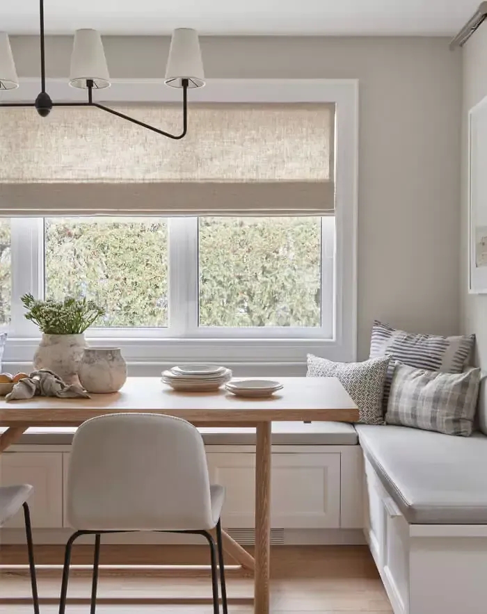 Chandelier: Linear Black Frame, White Cone Shades, Banquette