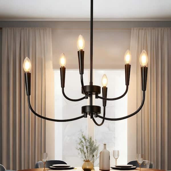 Chandelier: Matte Black Curved Arms Minimalist 6 Light Candle Light