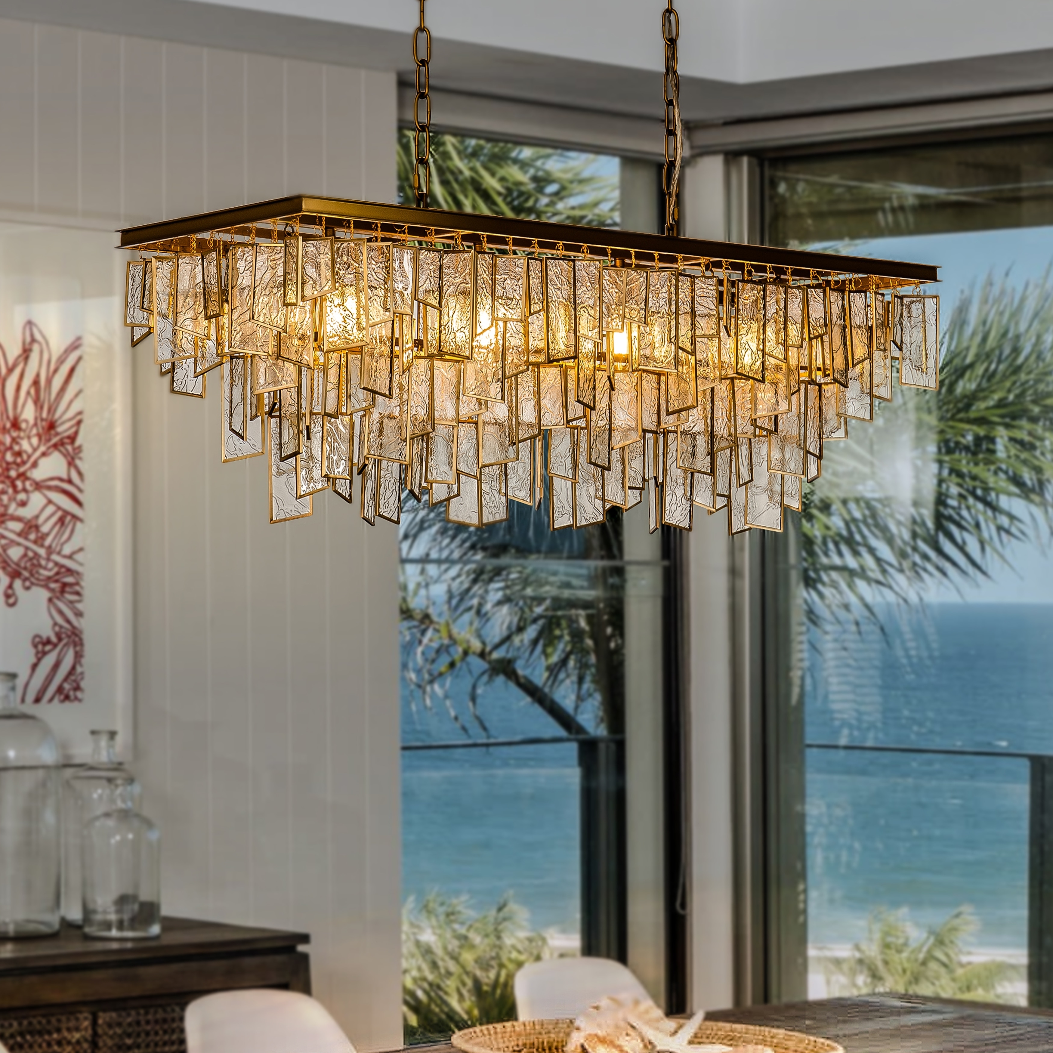 Chandelier Matte Gold Linear Frame Water Glass Fringe Panels