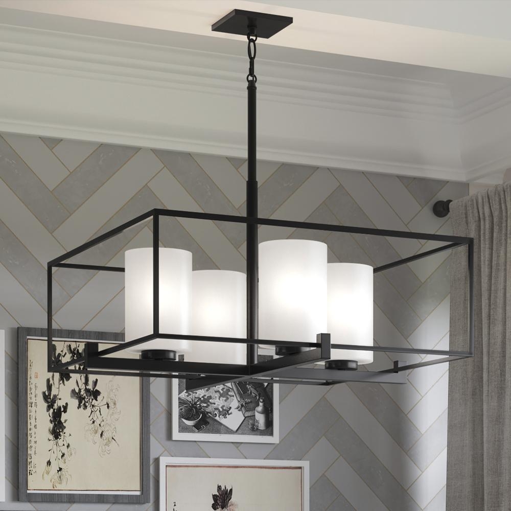 Chandelier: Midnight Black Finish Open Geometric Frame Cylinder Shades