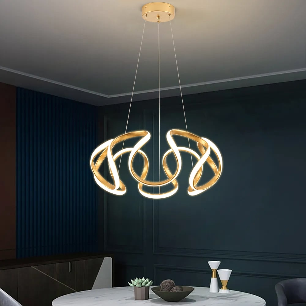 Chandelier: Polished Gold Interlocking Ribbons Sculptural Form Light