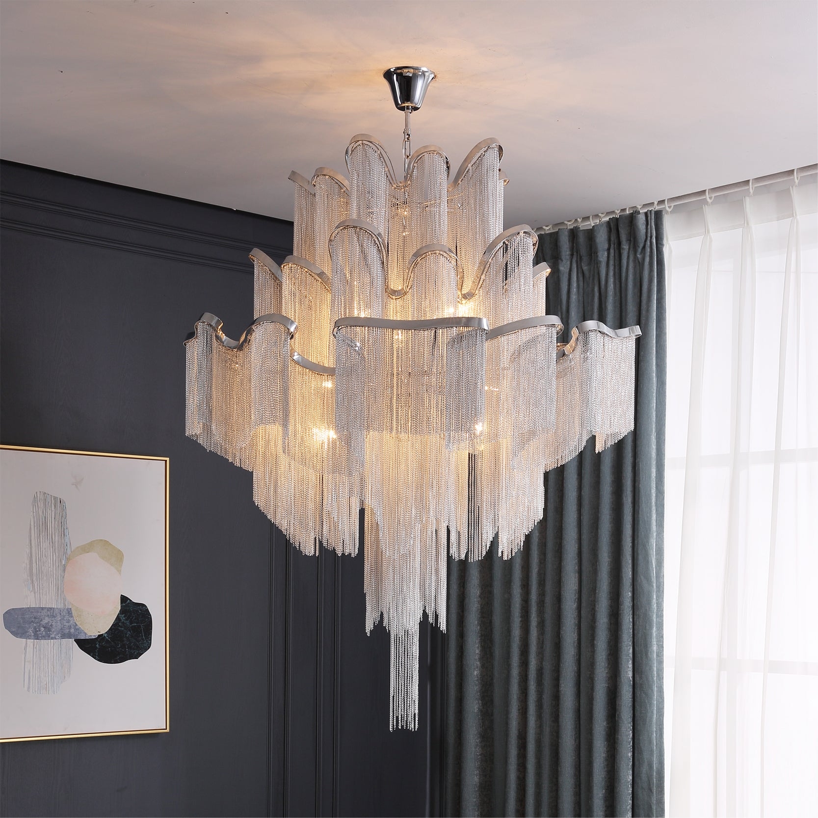 Chandelier Scalloped Frame Silver Cascading Fringe Art Deco