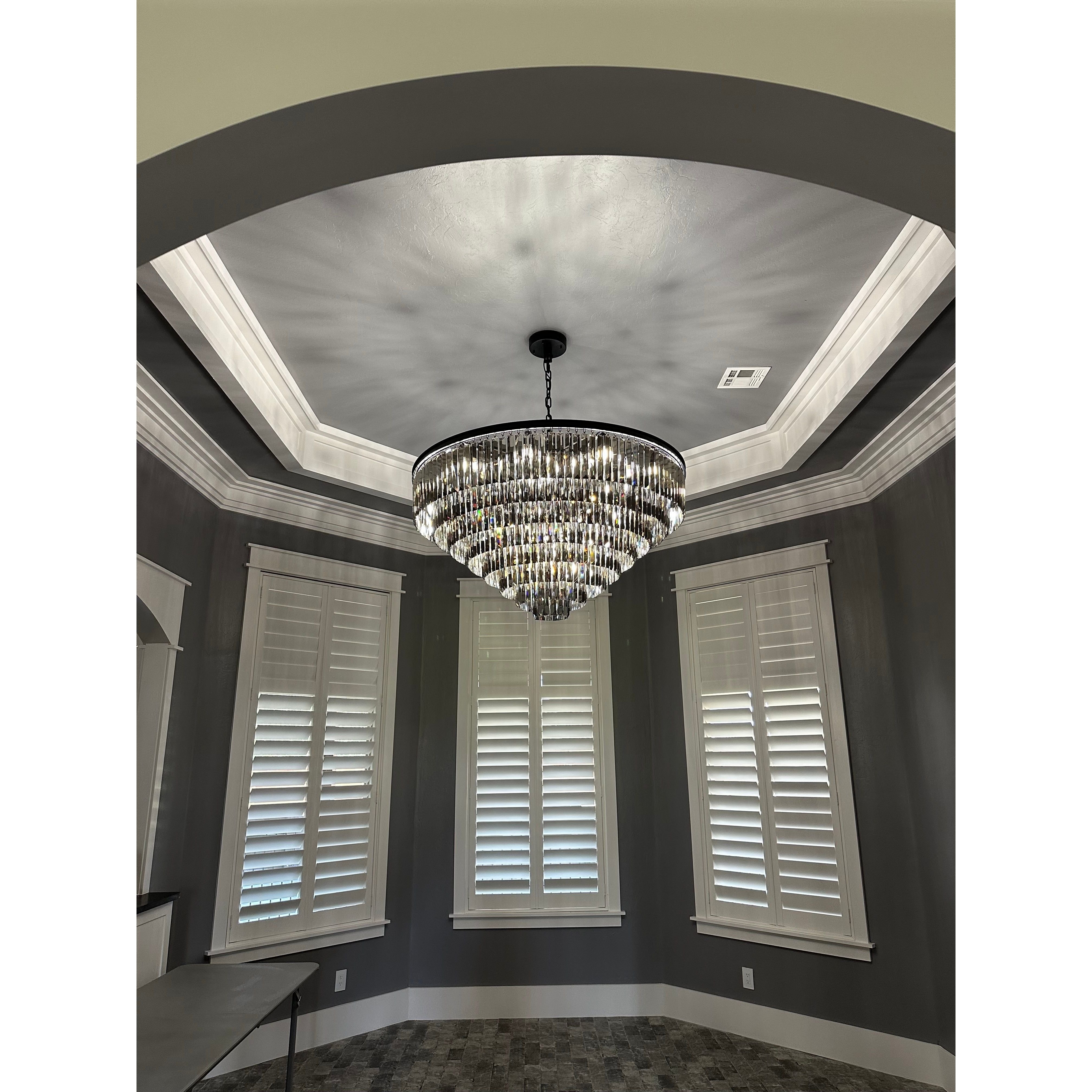Chandelier Smoke Crystal Tiered Fringe Matte Black Hardware