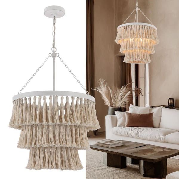 Chandelier Tassel Fringe Three-Tier Shade Distressed White
