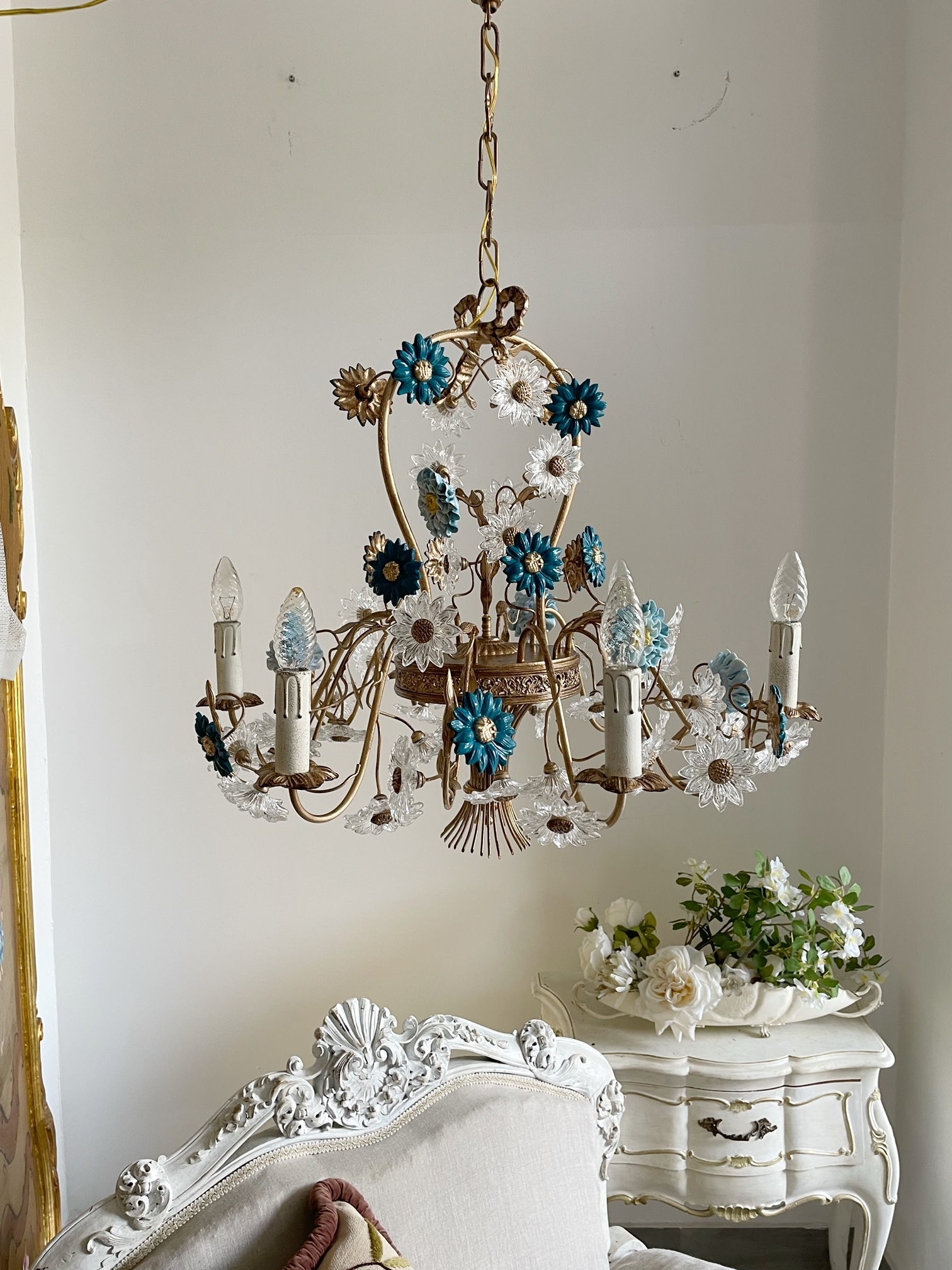 Chandelier Teal Porcelain Flowers and Brass Floral Basket