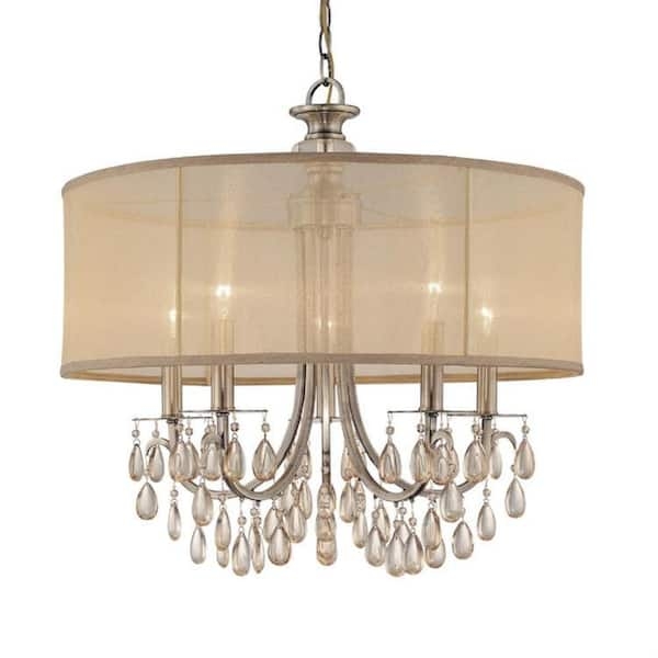 Chandelier Teardrop Crystals Silk Drum Shade | Antique Brass Drum Light
