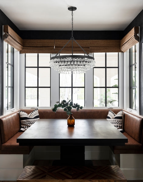 Chandelier: Tiered Crystals, Cognac Upholstery, Grid windows